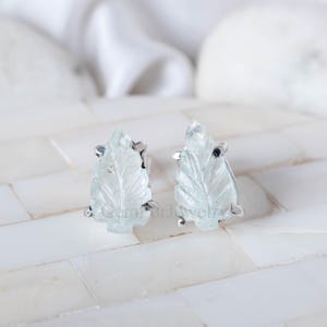Aquamarine Leaf Carved Stud Earrings, Natural Aquamarine Silver Earrings, Raw Gemstone Leaf Earrings, March Birthstone Jewelry, Gift For Her