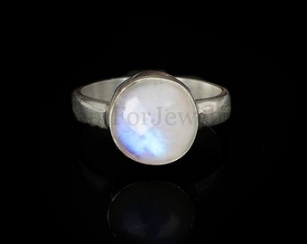 Moonstone Cabochon Ring, Blue Rainbow Moonstone, Healing Crystal Ring, Round Cabochon Ring, Sterling Silver Handmade Ring, June Birthstone