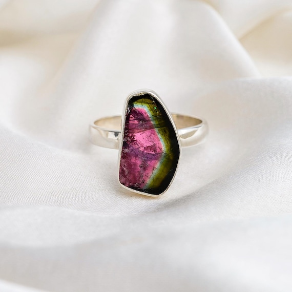 Watermelon Tourmaline Slice Ring, Pink Green Bio Tourmaline Ring, Polished Tourmaline Slice, October Birthstone Jewelry, New Year Gift