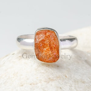 Natural Sunstone Ring, Raw Sunstone Ring, Orange Fire Crystal, Uncut Gemstone Ring, Silver Handmade Ring, Birthstone Jewelry, Gift For Her
