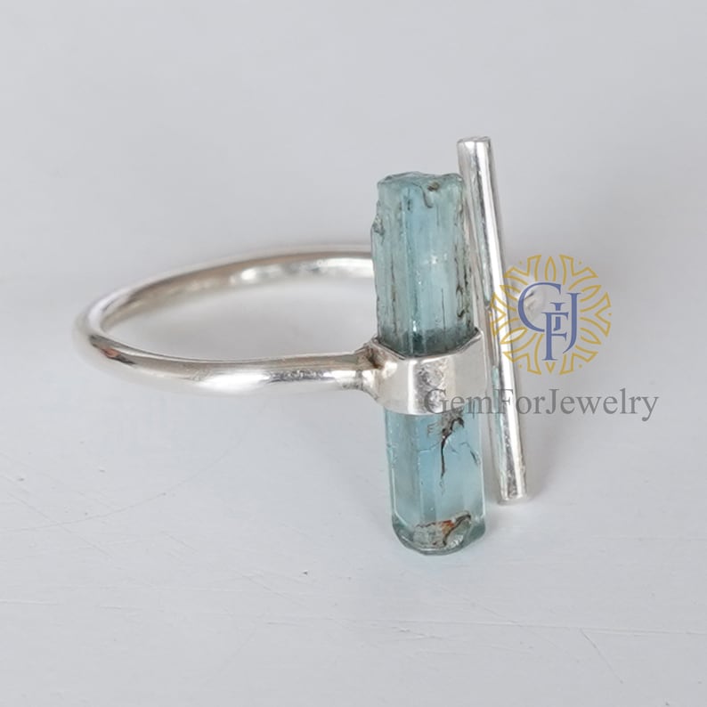 Raw Aquamarine Bar Ring, Adjustable Aqua Silver Stick Ring, March Birthstone Jewelry, Aquamarine Stick, Silver Handmade Ring, Birthday Gift image 2