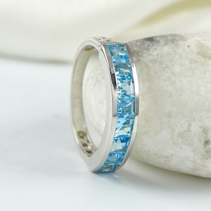 Half Eternity Blue Topaz Ring, November Birthstone Ring, Wedding Band Ring, Birthday Day Gift, Eternity Ring Band, Silver Band Ring