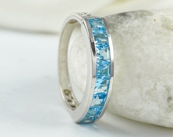 Half Eternity Blue Topaz Ring, November Birthstone Ring, Wedding Band Ring, Birthday Day Gift, Eternity Ring Band, Silver Band Ring
