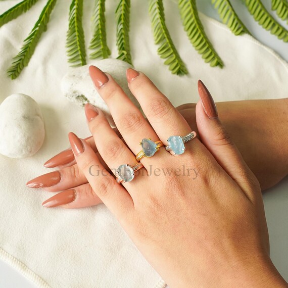 天然アクアマリン 14K ゴールド リング、スターリングシルバー 天然アクアマリン 14K ゴールド リング、スターリングシルバー