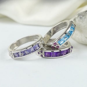Princess Amethyst Band Ring, Birthstone Ring, Blue Topaz, Iolite, Amethyst Ring, Cyber Monday Sale, Half Eternity Ring, Gemstone Jewelry