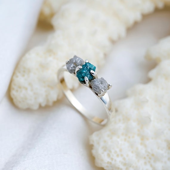 Natural Blue Diamond Trilogy Ring | Grey Diamond Ring in 925 Sterling Silver | Handmade Minimal Diamond Jewelry | Unique Gift for Her