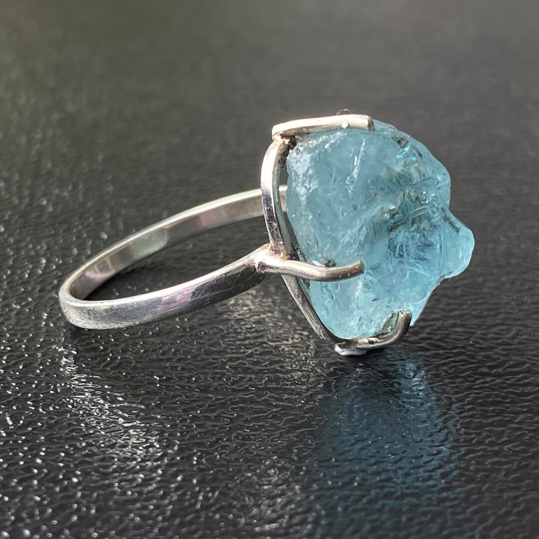 Bague Vintage Argent 925 - Pierre D'aigue-marine Naturelle 15,00 Ct - Taille 52,5 (16,6 Mm), Avec Certificat