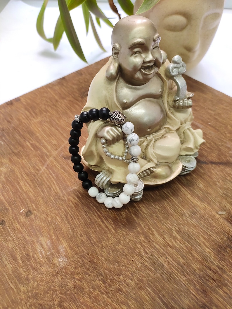 Handmade Crystal Bracelet New Beginnings Black Tourmaline Charm Bracelet White Howlite Insomnia Anxiety Depression Emotional Healing