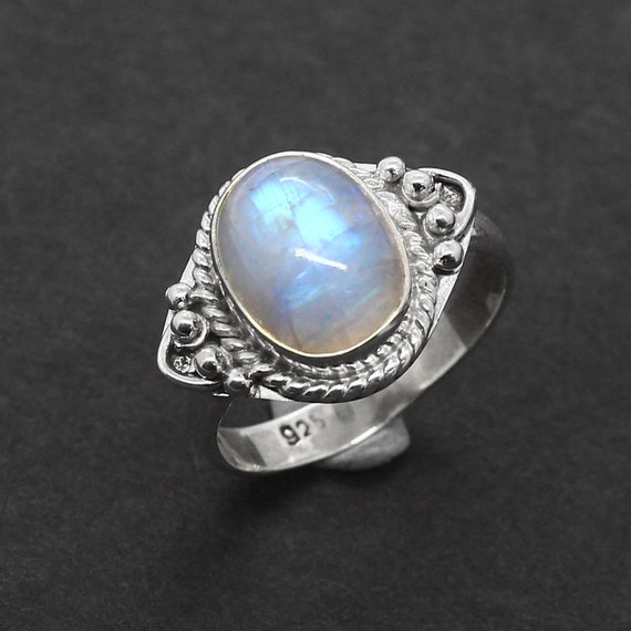 5x7mm Oval Opal & 5mm Blue Moonstone Ring In Solid 14k Yellow Gold 3 Stone  Ring | eBay