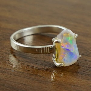 Raw Fire Opal Ring, Natural Ethiopian Opal Ring, Wooden Textured Band Ring, Raw Uncut Gemstone Ring, October Birthstone Ring, Gifts For Her image 4