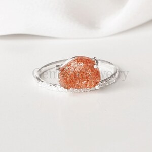 Raw Sunstone Ring, Orange Fire Sunstone, CZ Ring, Raw Gemstone Ring, Healing Crystal Ring, Sterling Silver, Birthstone Jewelry, Gift For Her