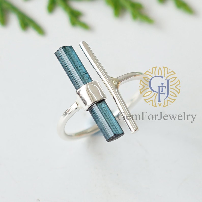 Raw Aquamarine Bar Ring, Adjustable Aqua Silver Stick Ring, March Birthstone Jewelry, Aquamarine Stick, Silver Handmade Ring, Birthday Gift BLUE INDICOLITE