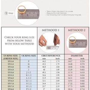 May include: Ring sizing guide with two methods: wrapping a finger with paper or measuring a ring's diameter. Includes a chart with US ring sizes, UK sizes, circumferences in inches and mm, and diameters in inches and mm.