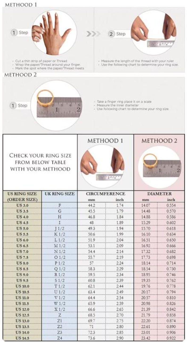 May include: Ring sizing guide with two methods: wrapping a finger with paper or measuring a ring's diameter. Includes a chart with US ring sizes, UK sizes, circumferences in inches and mm, and diameters in inches and mm.