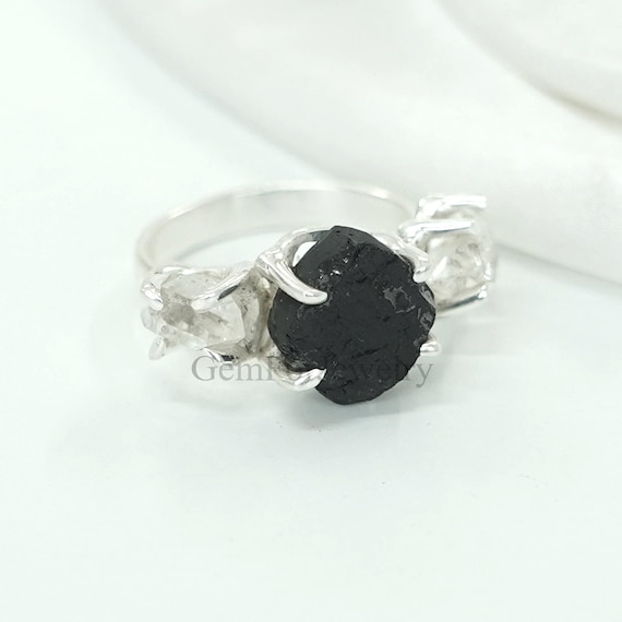 RAW Black Tourmaline Herkimer Ring, Natural 3Herkimer Diamond Ring, Raw Diamond Ring, Uncut Gemstone Ring, October Birthstone Ring