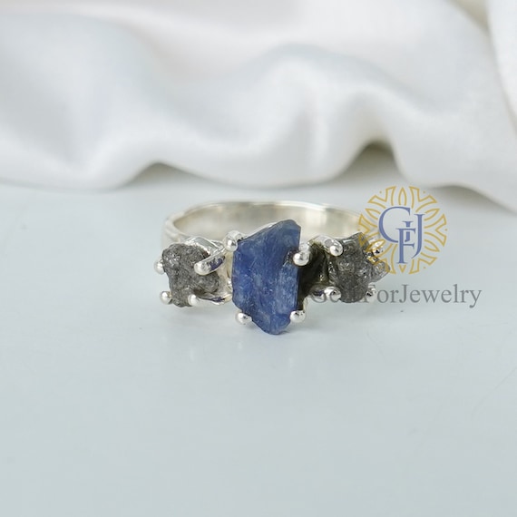 Raw Sapphire Diamond Ring, Precious Gemstone Ring, Sapphire