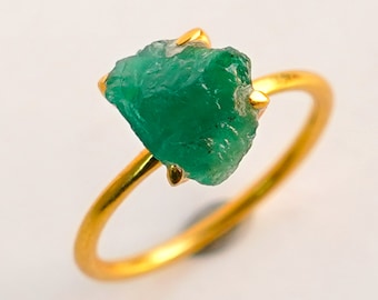 Raw Emerald Gold Ring, Silver Stacking Ring, Raw Zambian Emerald, Gold Over Silver, Handmade Jewelry, Uncut Gemstone, Raw Stone Rings