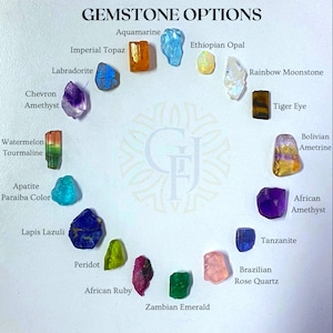 May include: A variety of gemstones, including aquamarine, imperial topaz, labradorite, chevron amethyst, watermelon tourmaline, apatite, lapis lazuli, peridot, african ruby, zambian emerald, ethiopian opal, rainbow moonstone, tiger eye, bolivian ametrine, african amethyst, tanzanite, and brazilian rose quartz.
