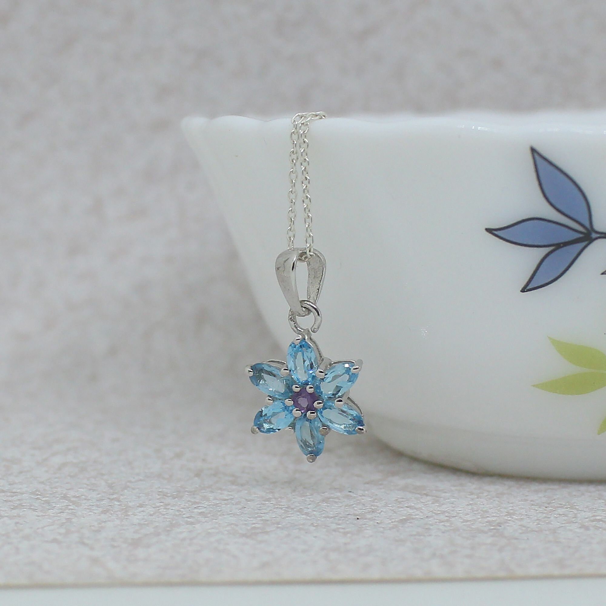 Gemstone Flower Pendant Sterling Silver Pendant 100 Natural Etsy UK