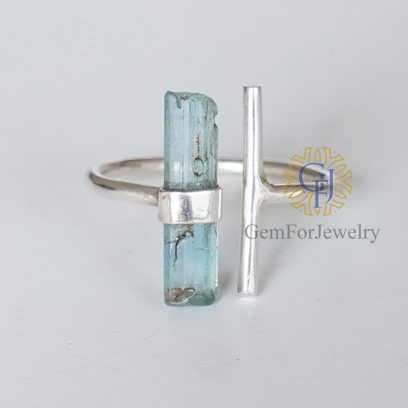 Raw Aquamarine Bar Ring, Adjustable Aqua Silver Stick Ring, March Birthstone Jewelry, Aquamarine Stick, Silver Handmade Ring, Birthday Gift AQUAMARINE