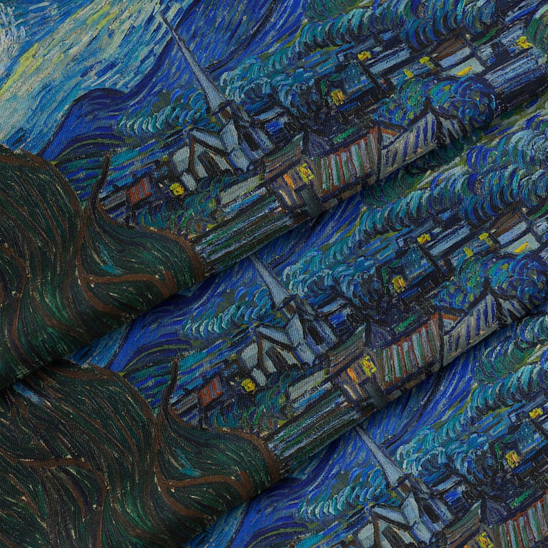 May include: A close-up of a painting depicting a starry night sky with a village in the foreground. The painting is done in a swirling, impressionistic style with vibrant blues, yellows, and greens.