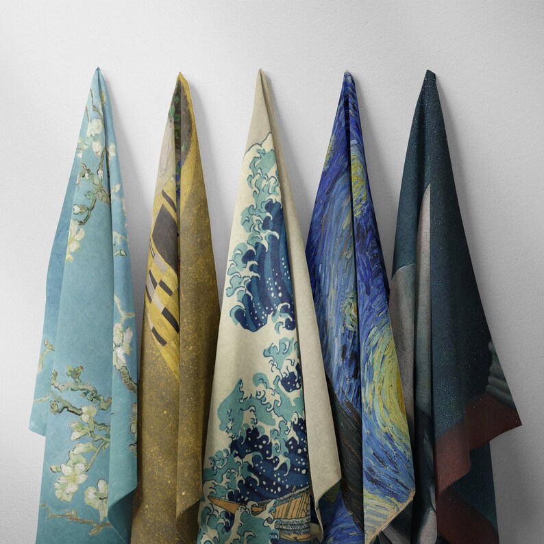 May include: Five different fabric panels with various artistic prints. The panels are all rectangular and hang from a white wall. The prints include a blue and white floral design, a yellow and brown abstract design, a blue and white wave design, a blue and yellow starry night design, and a blue and black abstract design.
