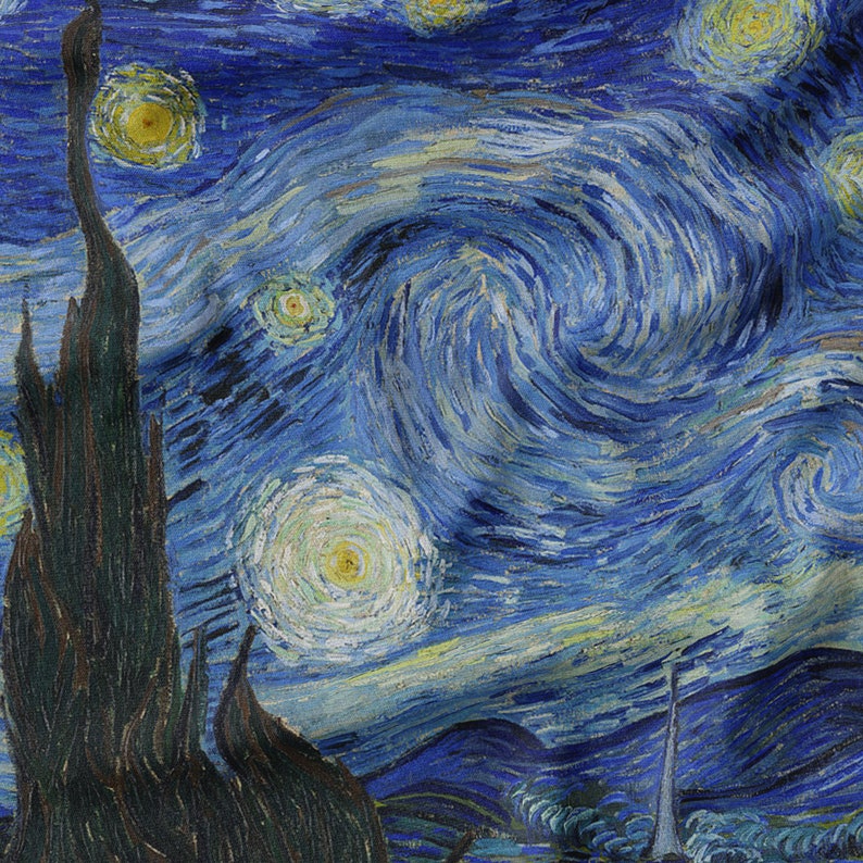 May include: A swirling blue and yellow sky with a large, bright yellow star in the upper left corner. The sky is filled with smaller, white stars. The painting is done in a style that is reminiscent of Van Gogh's Starry Night.