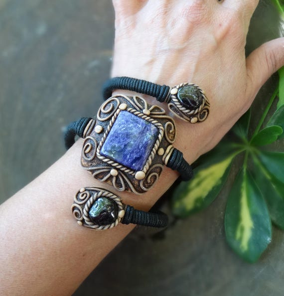 Bracelet Manchette Ajustable En Argent 925 Et Pierre Septarienne - Fait Main Inde - Multicolore
