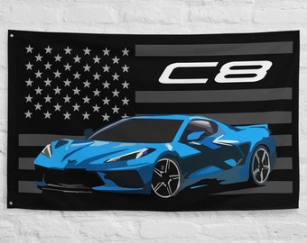 Rapid Blue Corvette C8 Mid-Engine Vette Street Race Car Club Custom Garage Office Man Cave Banner Flag 34.5&quot; x 56&quot;  - Gift