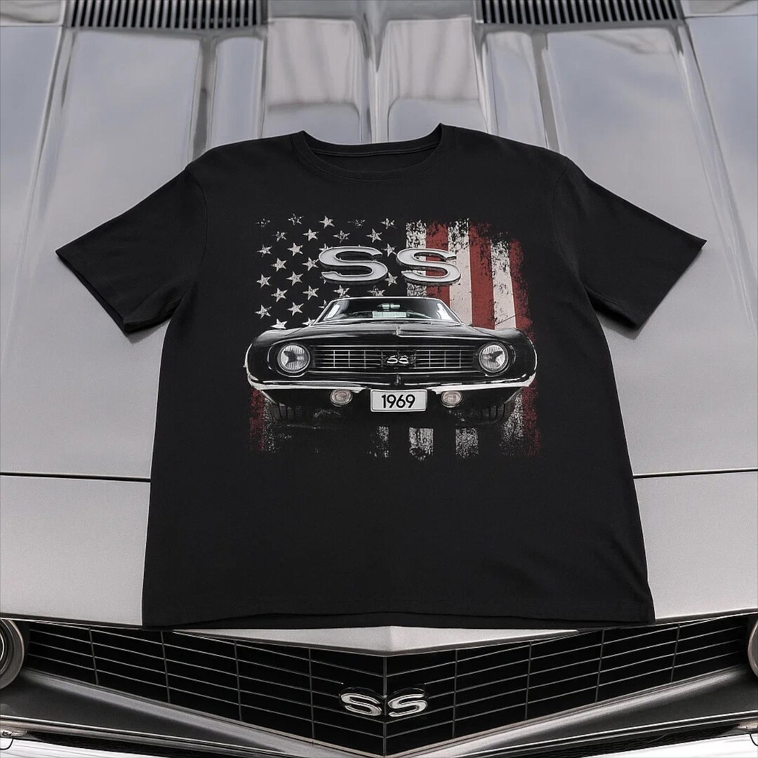 1969 Chevy Camaro SS Muscle Car T-Shirt - Patriotic American Flag Design, Unisex Long Sleeve, Black - View #4
