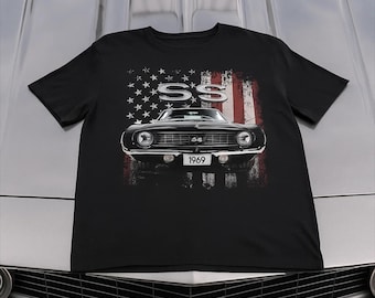 1969 Chevy Camaro SS Muscle Car Patriotic American Flag Short-Sleeve  T-Shirt