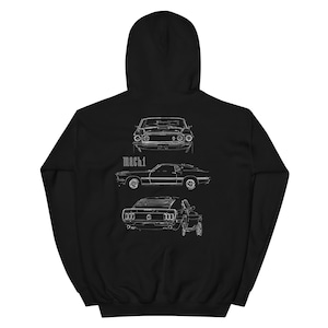 1969 Mustang hoodie fastback outline art, vintage muscle car apparel, street racing style, Ford Mustang fan gift, collector car lover hoodie