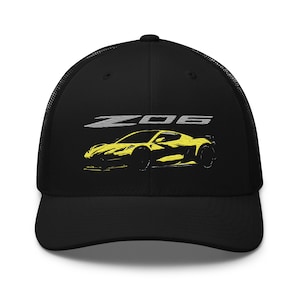 2023 2024 Corvette Z06 C8 Yellow Silhouette Vette Drivers Trucker Cap Snapback Hat - Gift Idea