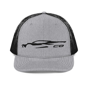 Corvette C8 Outline Silhouette Black Vette Owner Gift Trucker Cap Embroidered Mesh Back Snapback Hat
