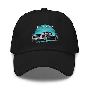 1970 Chevy C10 Truck Hat – Vintage Pickup dad Cap with Blue Retro Sunset Design