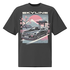 1990s JDM Car Art Graphic tee R34 GT-R Skyline Japanese Tuner Culture GTR Oversized faded t-shirt