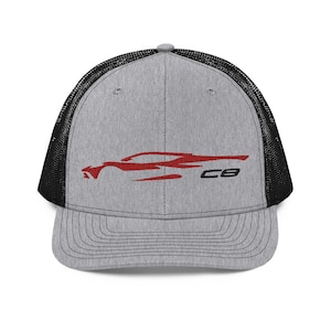 Corvette C8 Outline Silhouette Torch Red Vette Owner Gift Trucker Cap Embroidered Mesh Back Snapback Hat