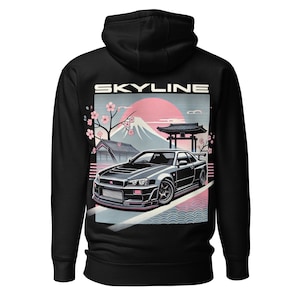 1990s JDM Car Art Graphic R34 Skyline Hoodie Japanese Tuner Culture GTR Pullover Sweatshirt