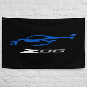 Silhouette C8 Corvette Z06 bleu déchirure 2024 - Drapeau bannière personnalisé homme des cavernes Garage Office 34,5 x 56 po. - Cadeau