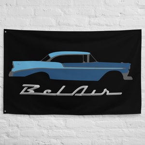 1956 Chevy Bel Air Hafen und Nassau Blau Antique Car Sammler Cars 56 Belair Garage Office Man Cave Banner Flagge 34.5 &quot;x 56&quot;