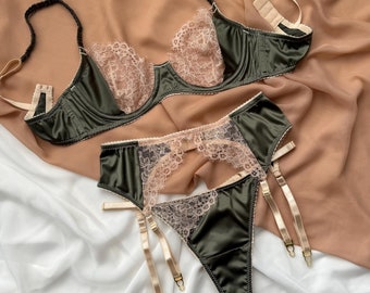 lace lingerie set, khaki lingerie set, satin lingerie, garter belt lingerie set, 3 piece set