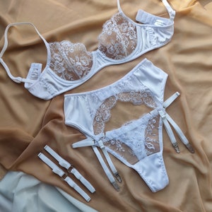 bridal lingerie, satin lingerie, snow white lingerie set, bridal underwear, 3 piece set, lingerie set with garter belt image 1