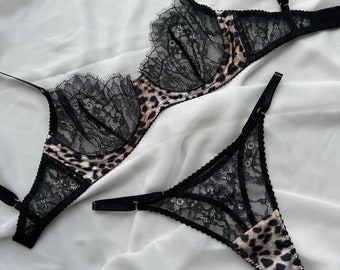 sexy lingerie set, leopard lingerie set, black lingerie set, wild print underwear, lace lingerie set