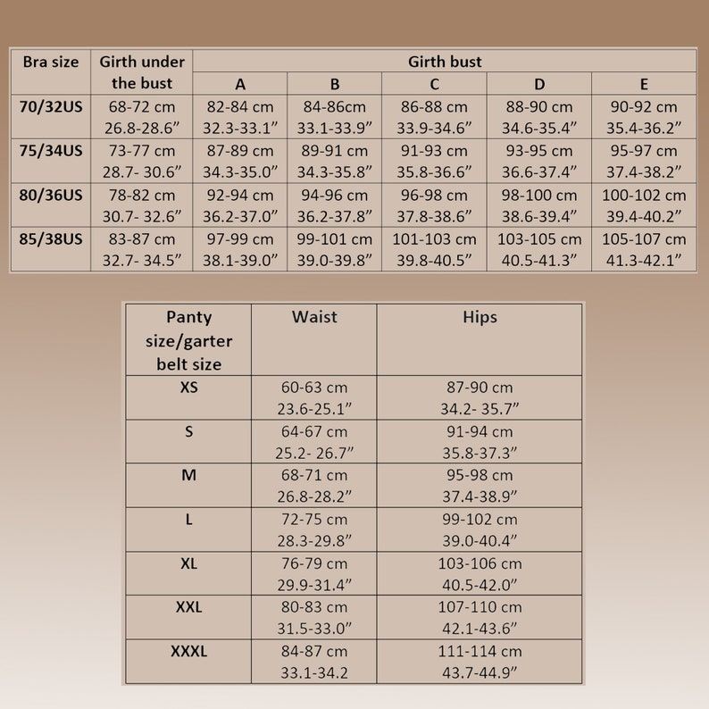May include: A size chart for bras and panties, displaying measurements in inches and centimeters. The chart includes bra sizes, underbust girth, bust girth, panty sizes, waist, and hip measurements.
