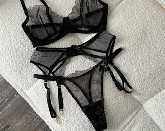 Black Lingerie Set, Sheer Floral Lace, black lingerie set, transparent lingerie
