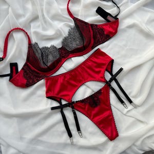 satin lingerie, red lingerie set with garter belt, satin lingerie, premium quality lingerie, exclusive lingerie