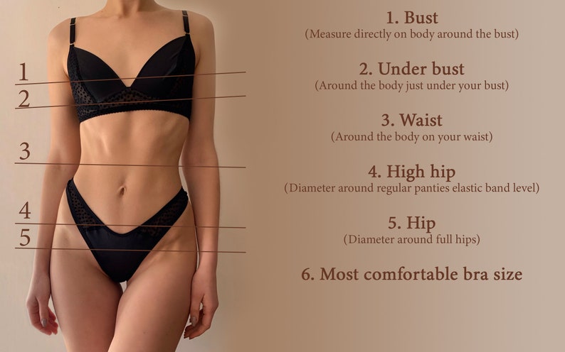 May include: A black lingerie set, including a bra and underwear, is displayed on a person. The image includes numbered lines indicating bust, under bust, waist, high hip, and hip measurements. Text explains how to measure for the most comfortable bra size.