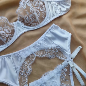 bridal lingerie, satin lingerie, snow white lingerie set, bridal underwear, 3 piece set, lingerie set with garter belt image 8