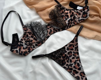 leopard lingerie set, black lingerie set, leopard thong, animal print lingerie, wild print underwear, lace lingerie set, handmade lingerie