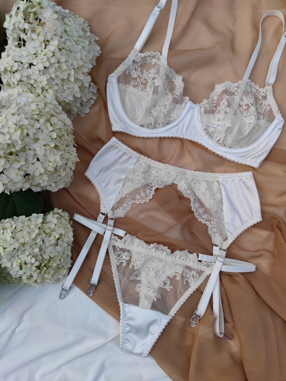 Bridal Lingerie Bridal Lingerie Wedding Night Satin Lingerie Ivory Lingerie Set Bride Underwear Lingerie Set With Garter Belt Etsy